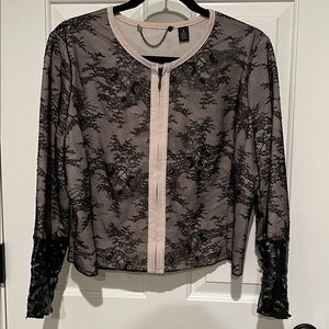 Chico’s Black Label Cropped Lace Jacket | Faux Leather Sleeve Detail | Size L